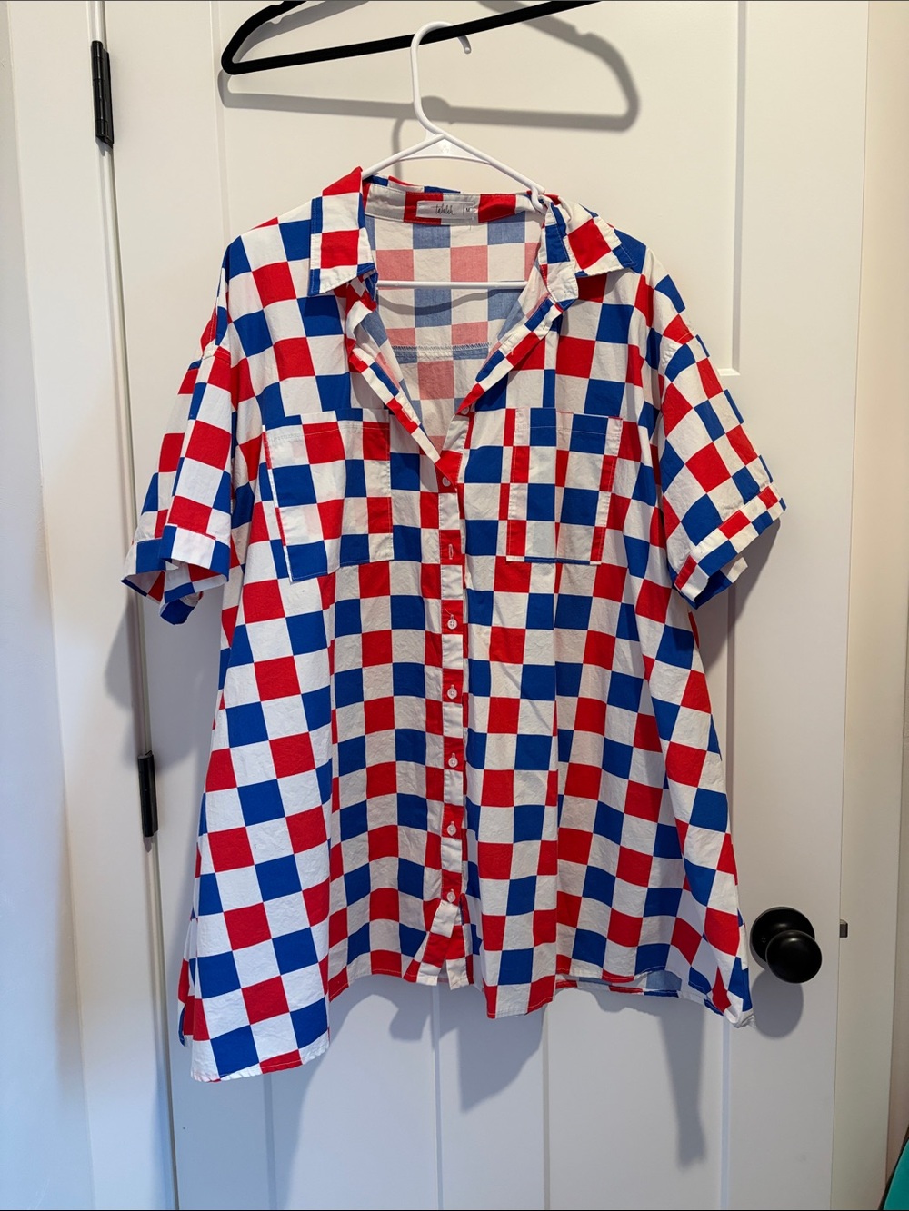 Checkerboard Button-Front Mini Dress in Red, White & Blue - Picture 2 of 3